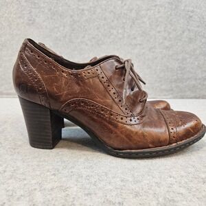 BORN Oxford Heels Women 8.5 Brown Leather Brogue Lace Up W61999 Classic Retro